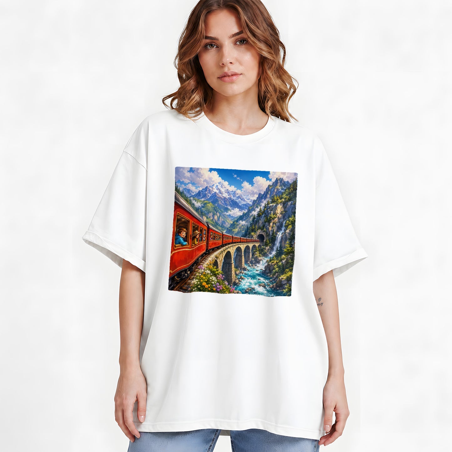 #pl[White] Mountain Train Graphic T-Shirt, Red Alpine Railway Bridge Scene