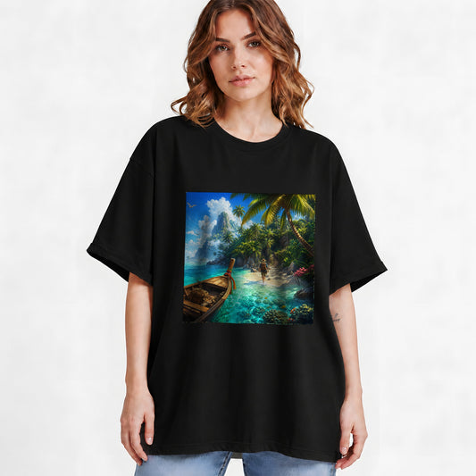 #pl[Black] Tropical Island Graphic T-Shirt, Turquoise Lagoon Beach Adventure