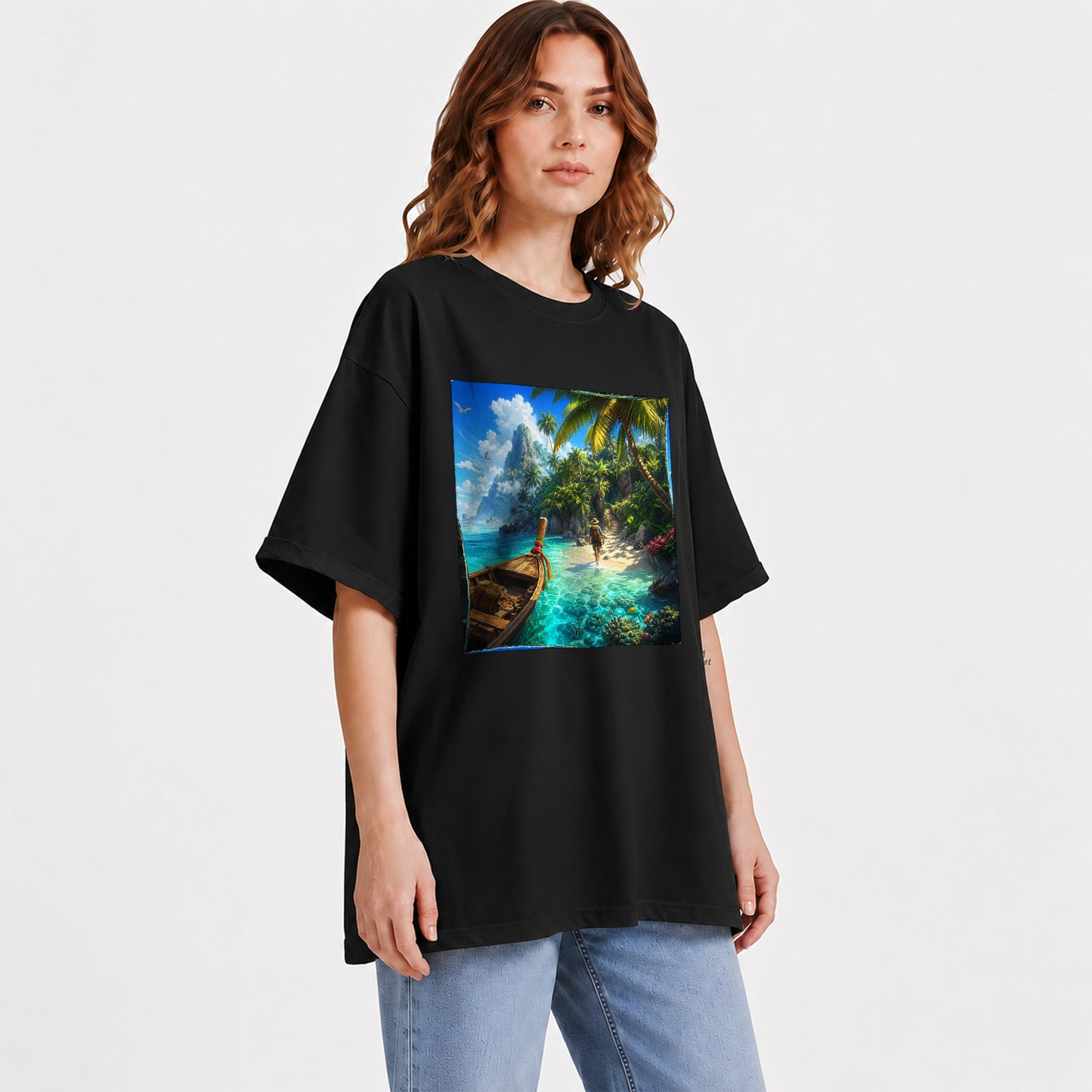 #pl[Black] Tropical Island Graphic T-Shirt, Turquoise Lagoon Beach Adventure