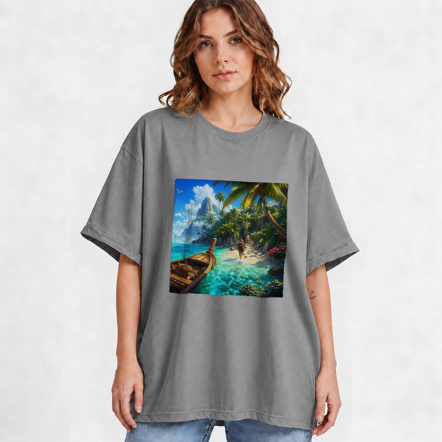 #pl[Gray] Tropical Island Graphic T-Shirt, Turquoise Lagoon Beach Adventure