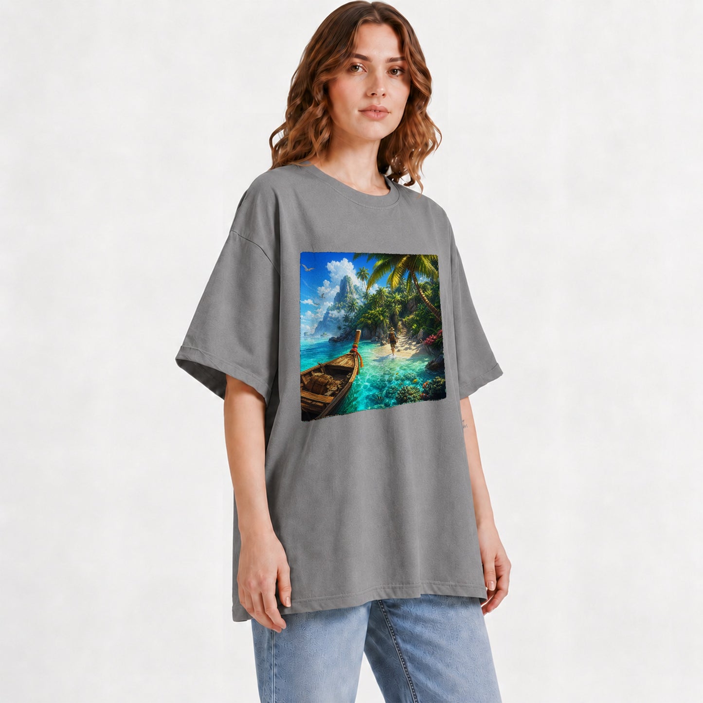 #pl[Gray] Tropical Island Graphic T-Shirt, Turquoise Lagoon Beach Adventure