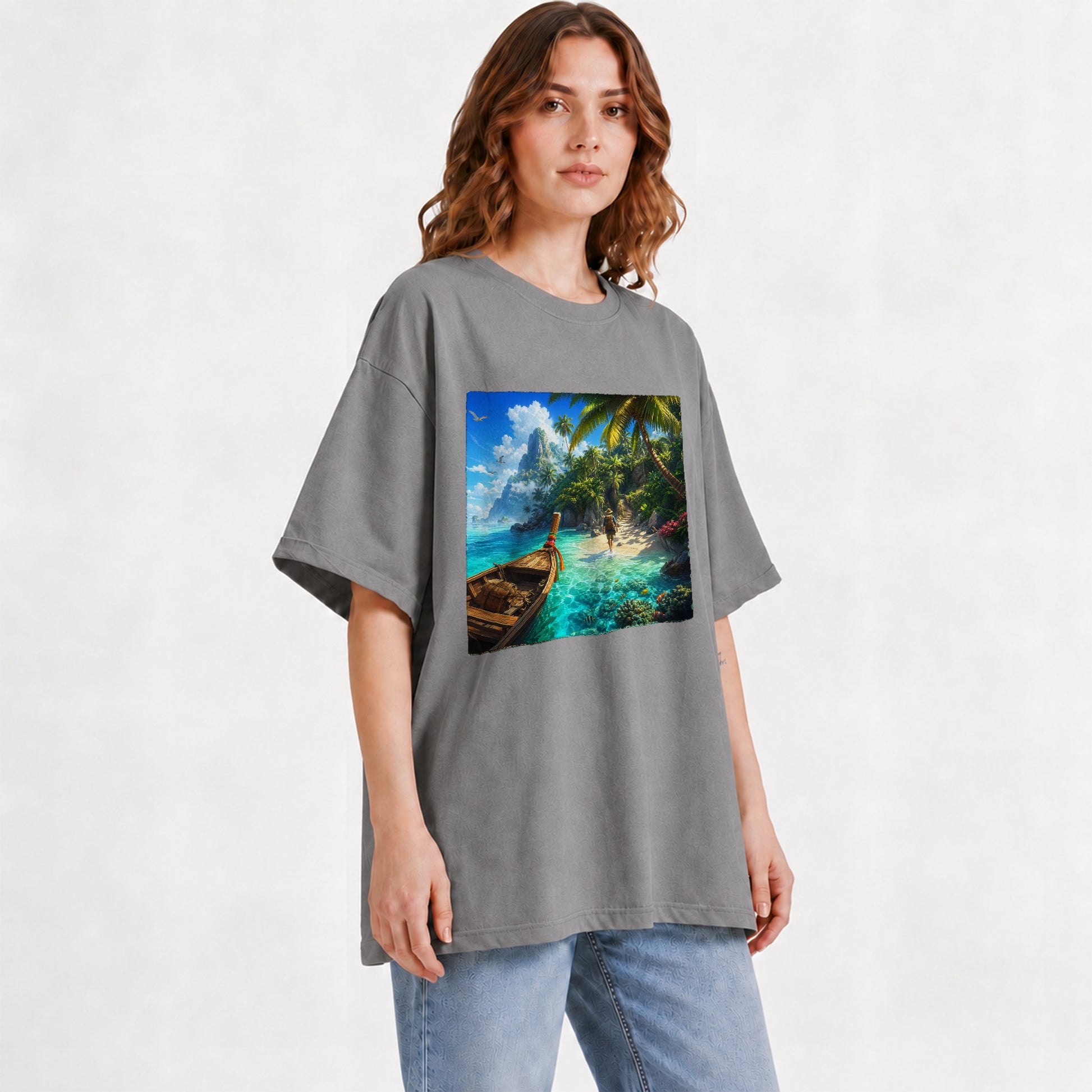 #pl[Gray] Tropical Island Graphic T-Shirt, Turquoise Lagoon Beach Adventure