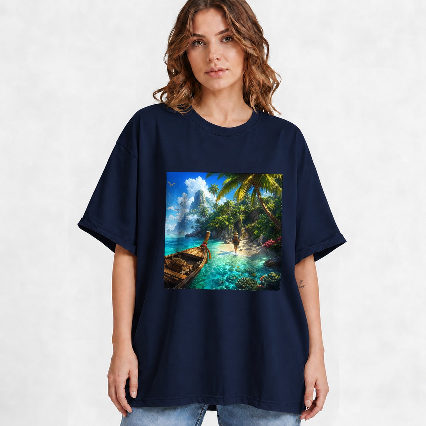 #pl[Navy] Tropical Island Graphic T-Shirt, Turquoise Lagoon Beach Adventure