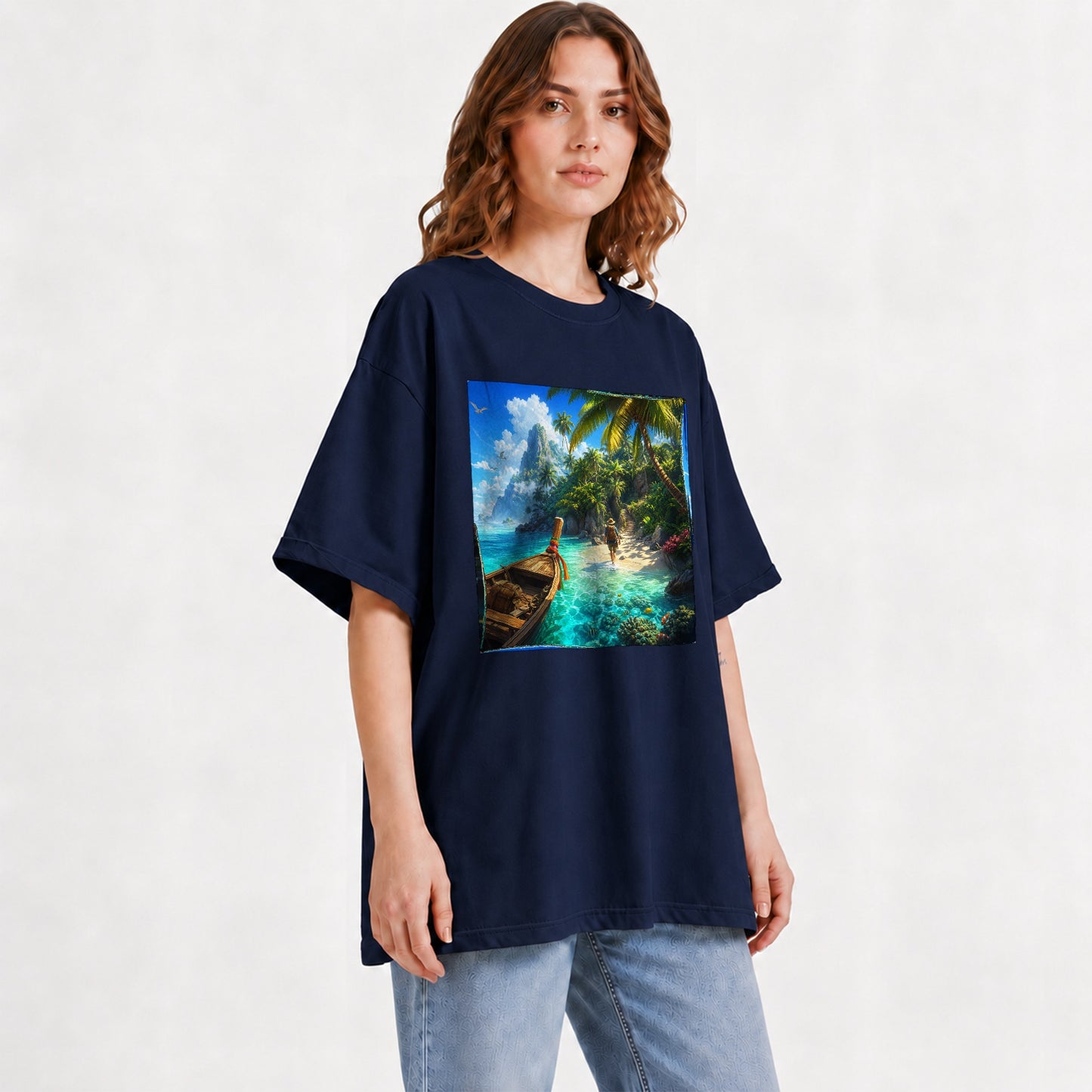 #pl[Navy] Tropical Island Graphic T-Shirt, Turquoise Lagoon Beach Adventure