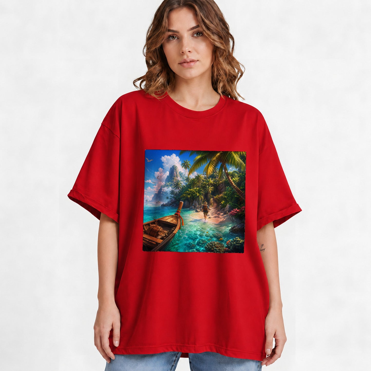 #pl[Red] Tropical Island Graphic T-Shirt, Turquoise Lagoon Beach Adventure