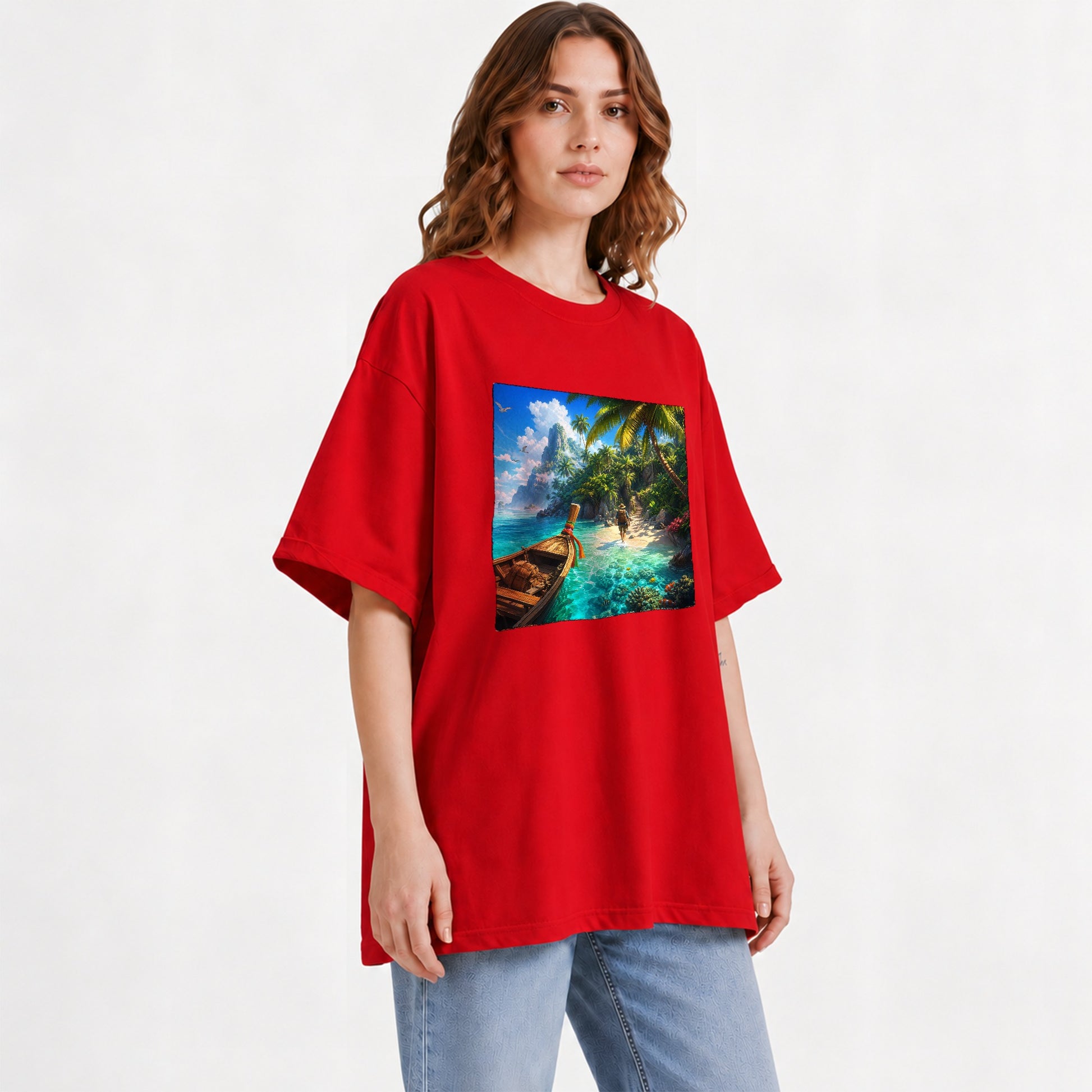 #pl[Red] Tropical Island Graphic T-Shirt, Turquoise Lagoon Beach Adventure