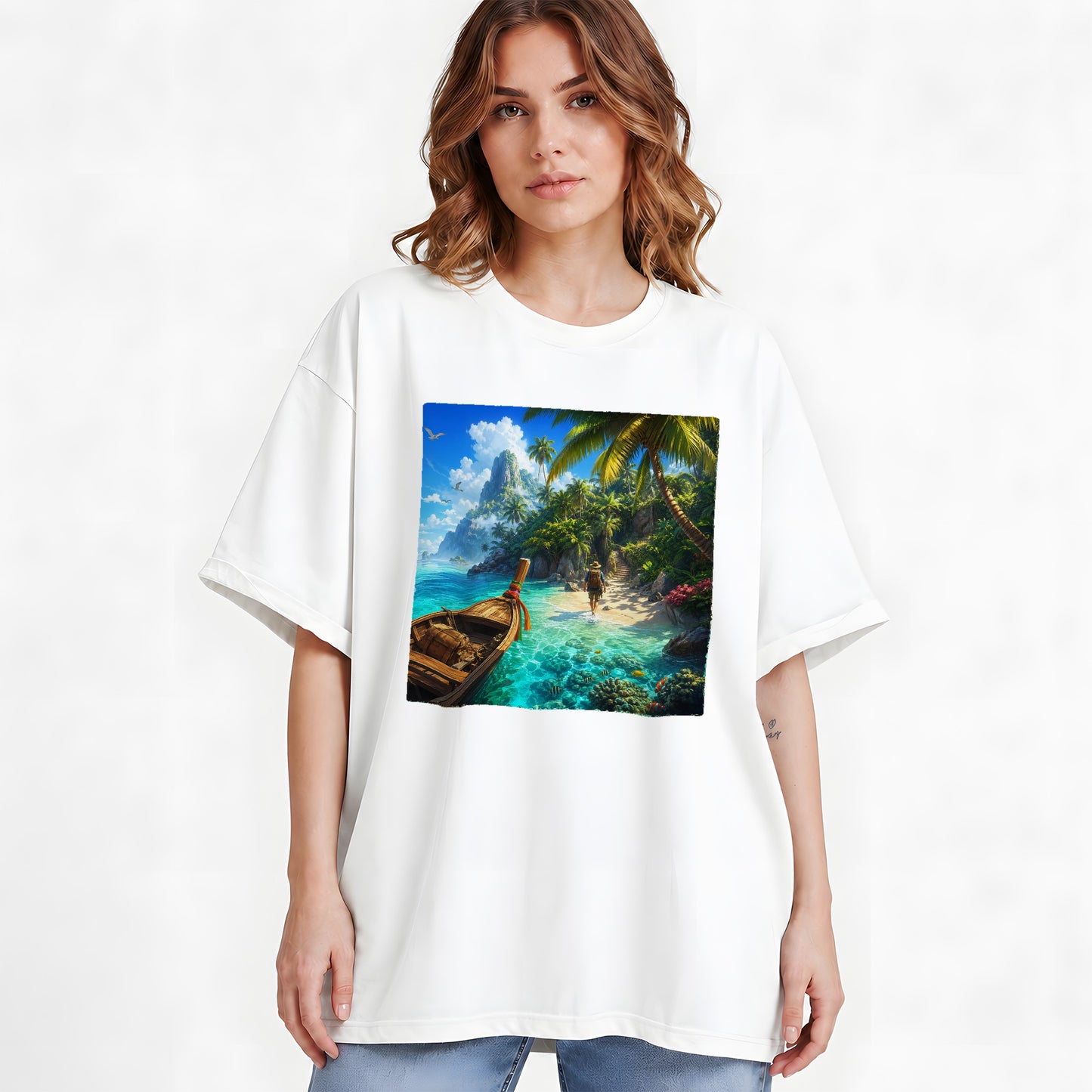 #pl[White] Tropical Island Graphic T-Shirt, Turquoise Lagoon Beach Adventure