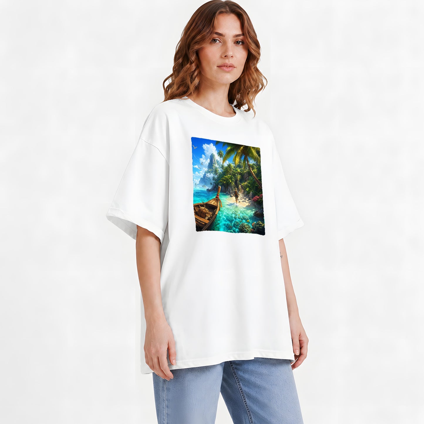 #pl[White] Tropical Island Graphic T-Shirt, Turquoise Lagoon Beach Adventure