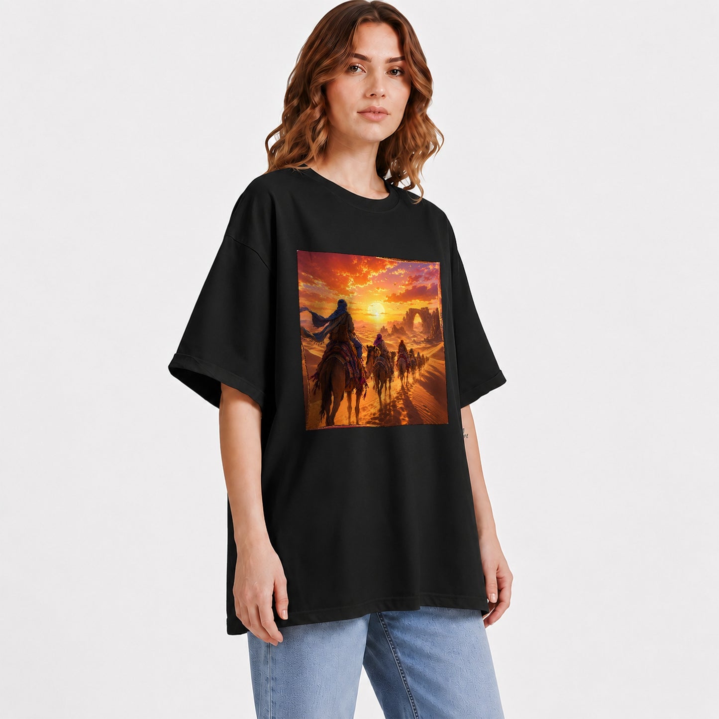 #pl[Black] Desert Caravan Graphic T-Shirt, Camel Journey Sunset Landscape