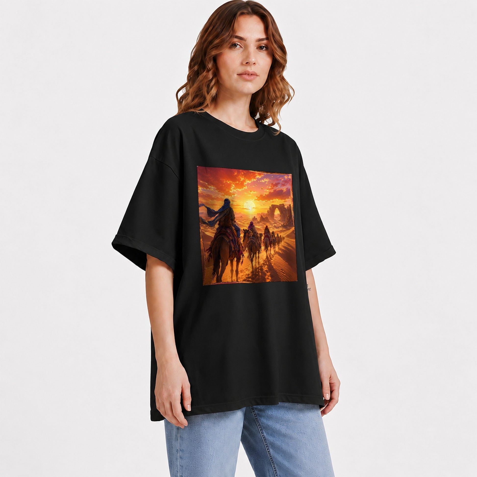 #pl[Black] Desert Caravan Graphic T-Shirt, Camel Journey Sunset Landscape