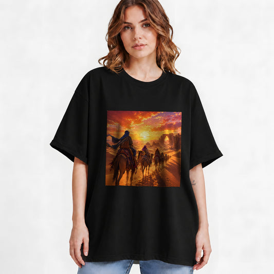 #pl[Black] Desert Caravan Graphic T-Shirt, Camel Journey Sunset Landscape