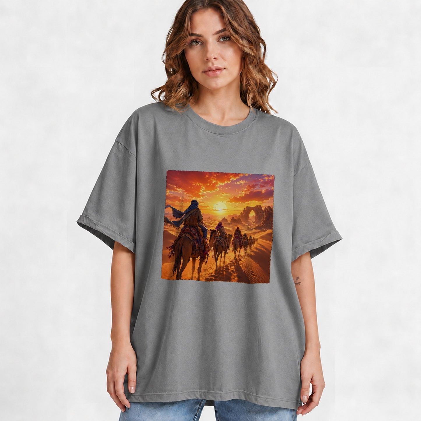 #pl[Gray] Desert Caravan Graphic T-Shirt, Camel Journey Sunset Landscape