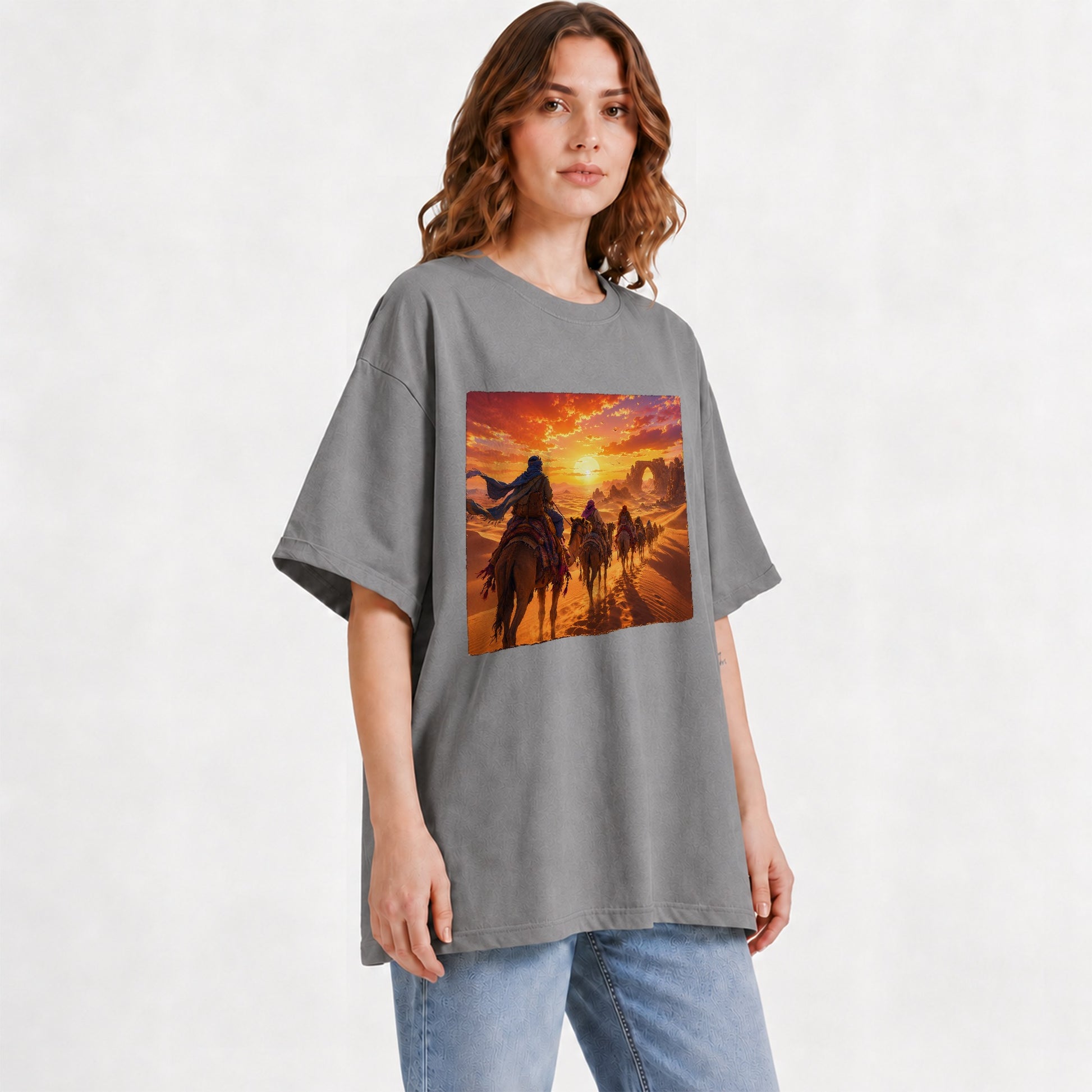 #pl[Gray] Desert Caravan Graphic T-Shirt, Camel Journey Sunset Landscape