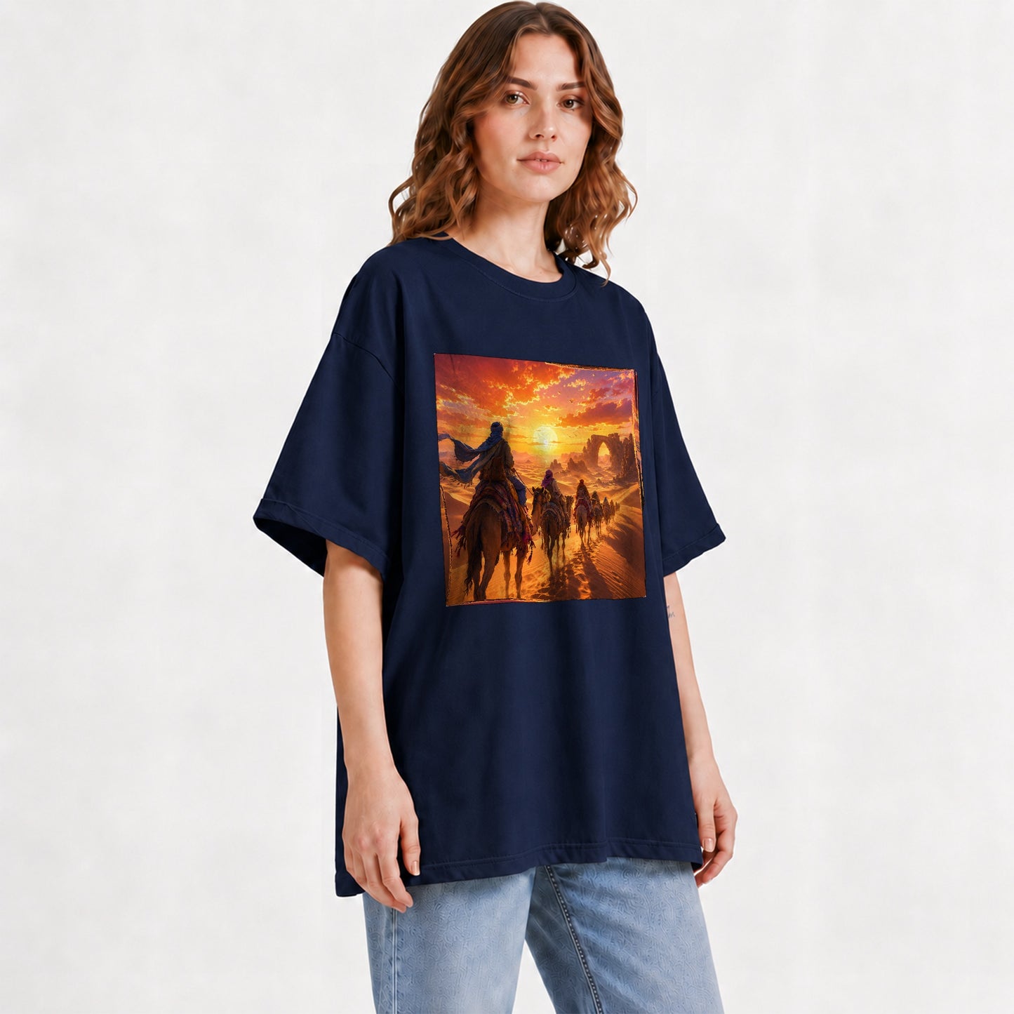 #pl[Navy] Desert Caravan Graphic T-Shirt, Camel Journey Sunset Landscape