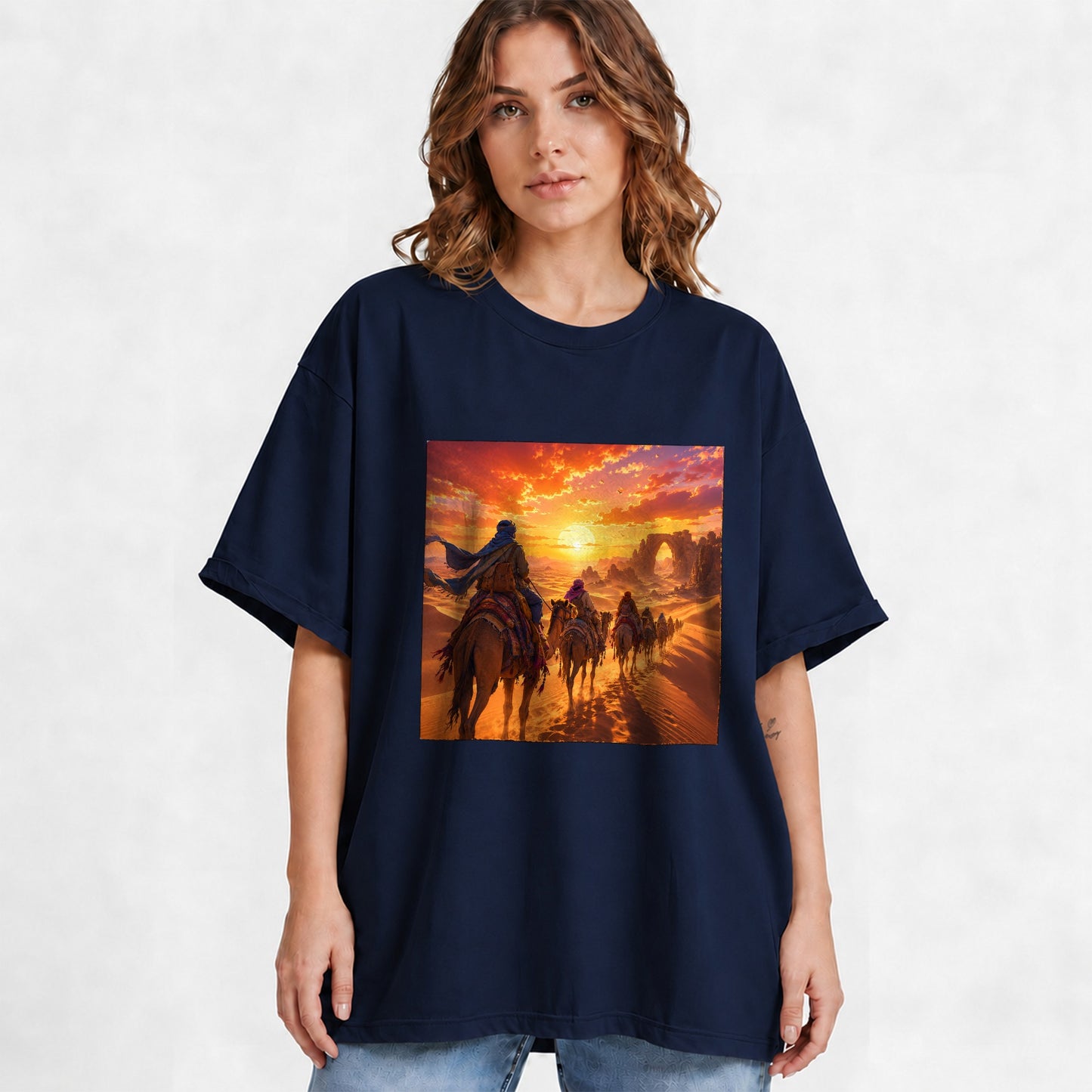 #pl[Navy] Desert Caravan Graphic T-Shirt, Camel Journey Sunset Landscape