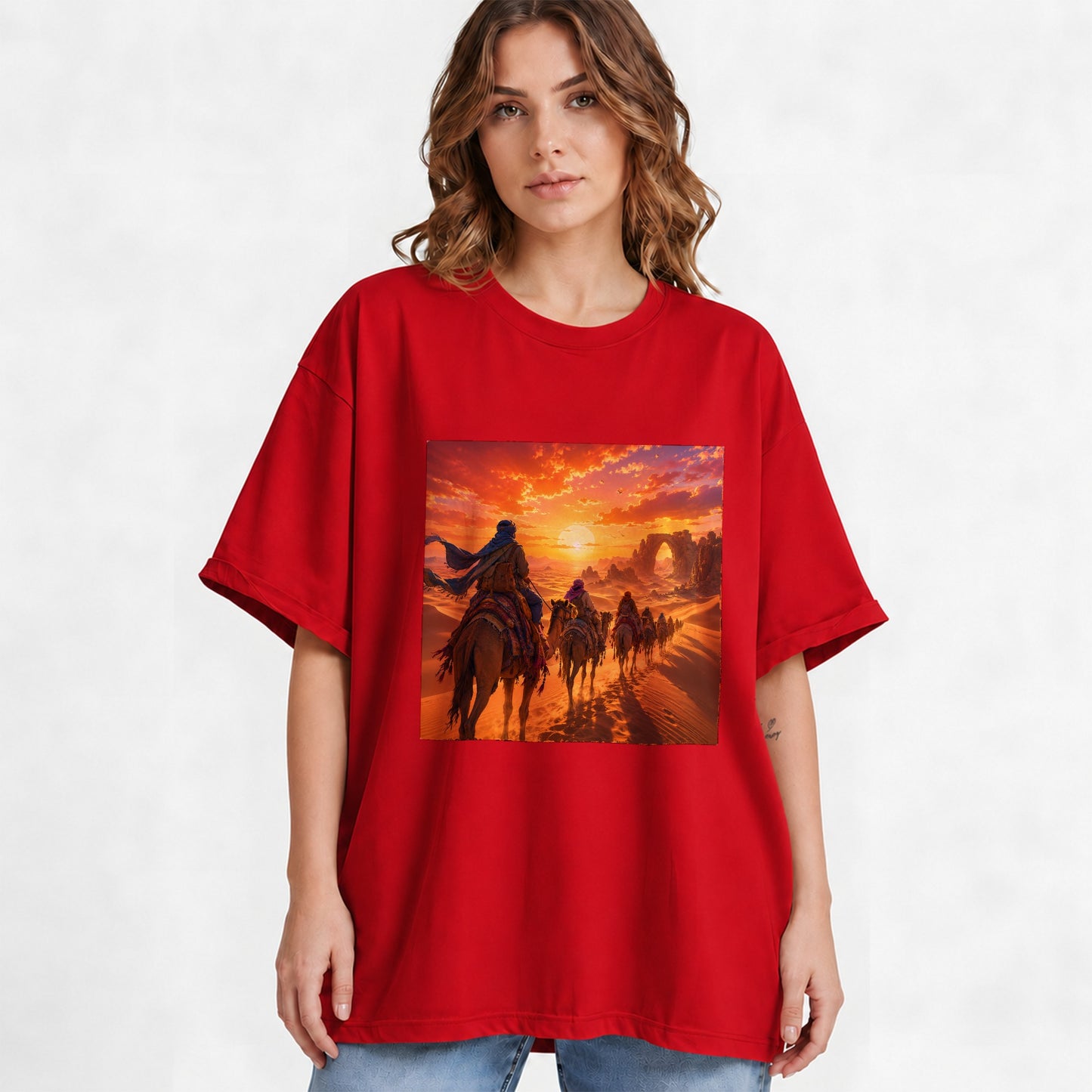 #pl[Red] Desert Caravan Graphic T-Shirt, Camel Journey Sunset Landscape
