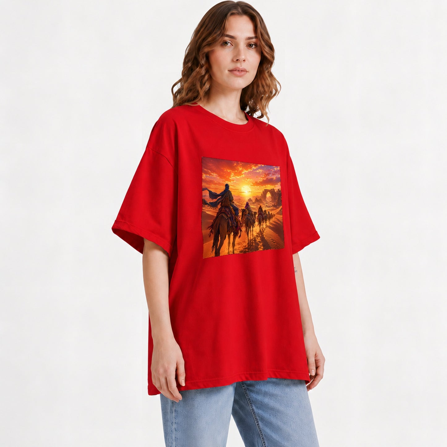 #pl[Red] Desert Caravan Graphic T-Shirt, Camel Journey Sunset Landscape