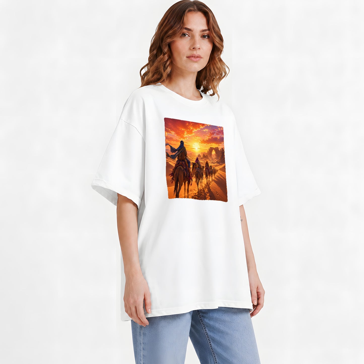 #pl[White] Desert Caravan Graphic T-Shirt, Camel Journey Sunset Landscape