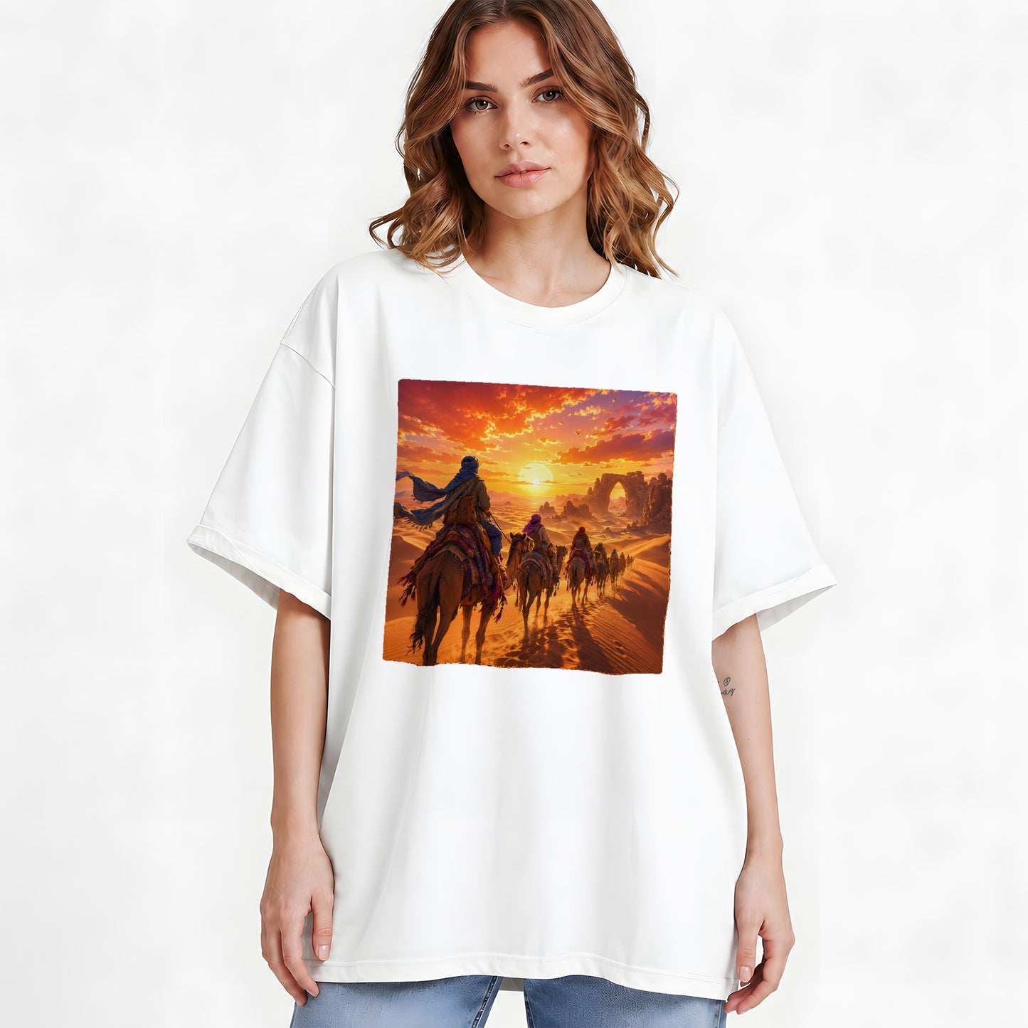 #pl[White] Desert Caravan Graphic T-Shirt, Camel Journey Sunset Landscape