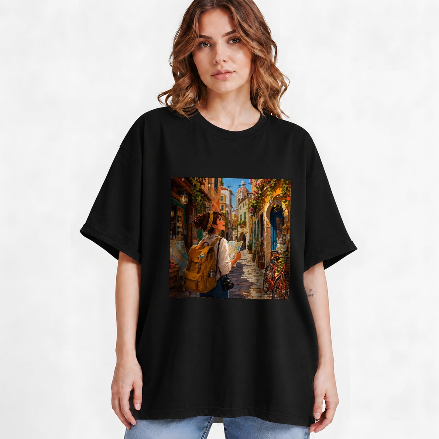 #pl[Black] City Traveler Graphic T-Shirt, Colorful Old Town Map Adventure