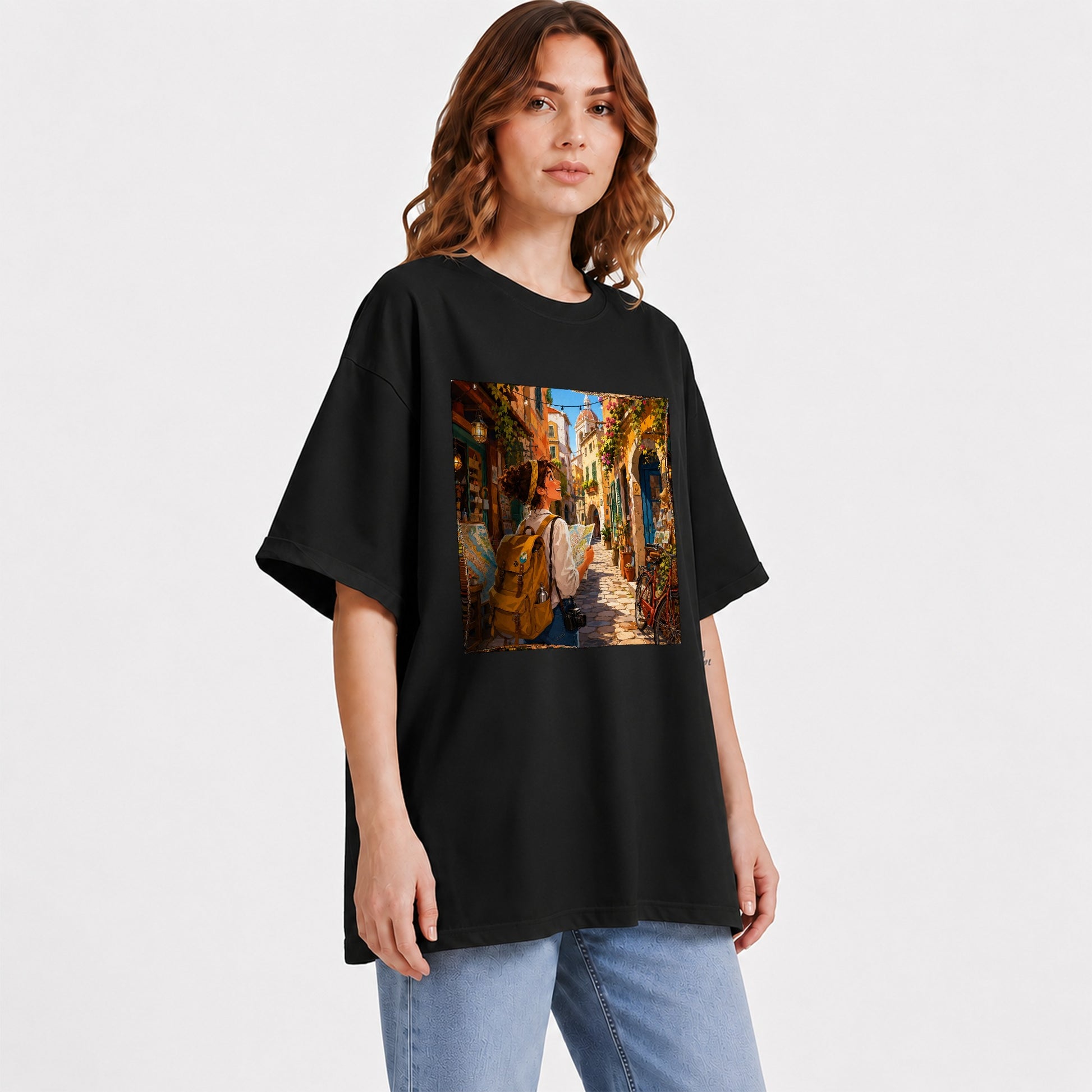#pl[Black] City Traveler Graphic T-Shirt, Colorful Old Town Map Adventure