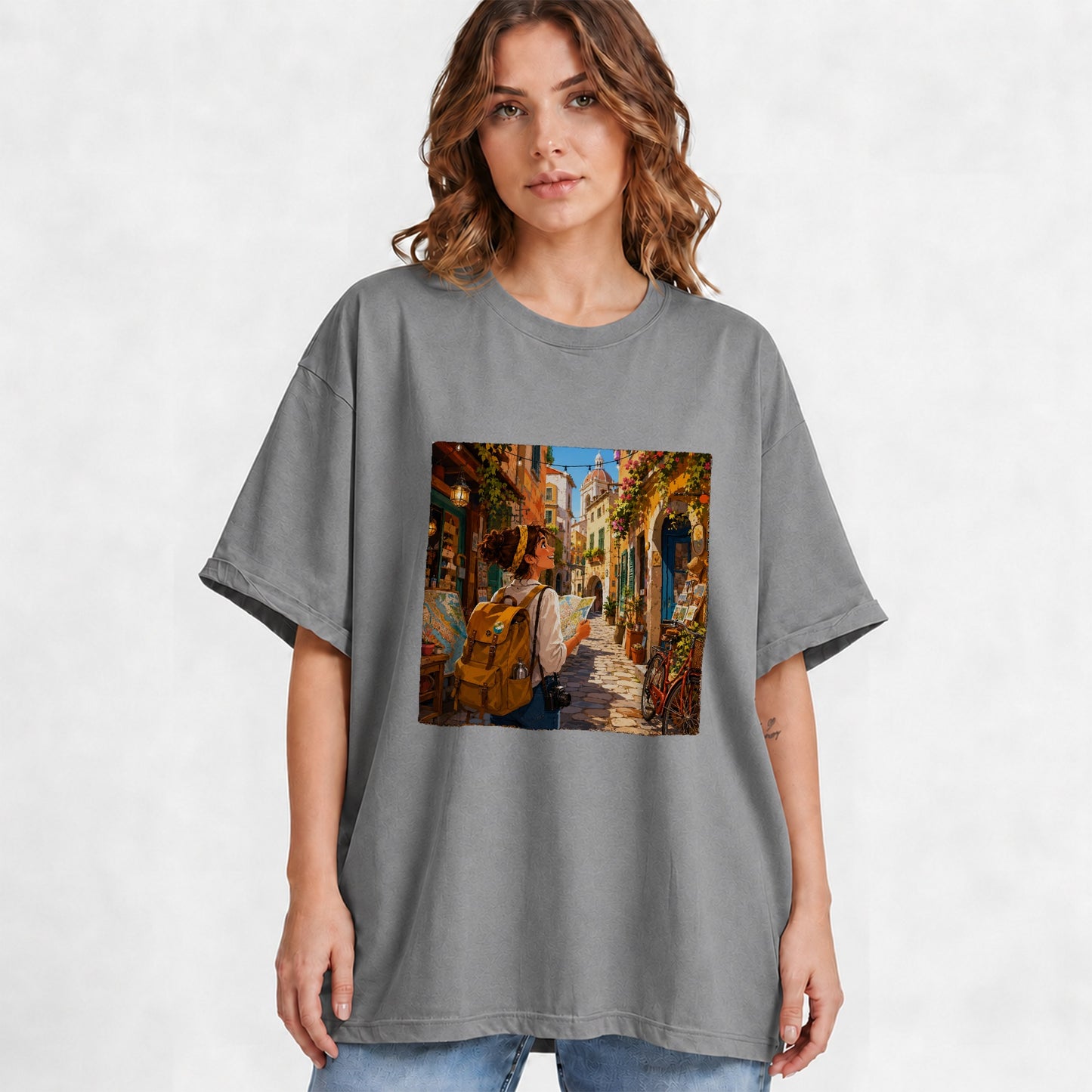#pl[Gray] City Traveler Graphic T-Shirt, Colorful Old Town Map Adventure