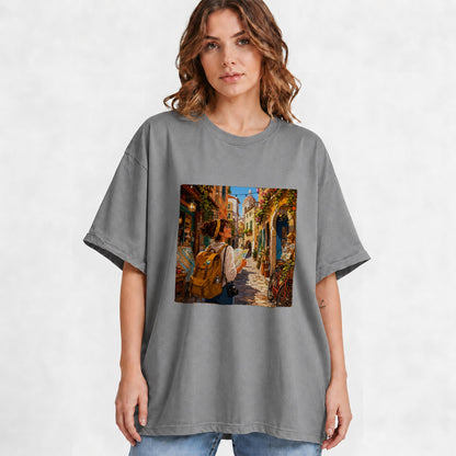 #pl[Gray] City Traveler Graphic T-Shirt, Colorful Old Town Map Adventure