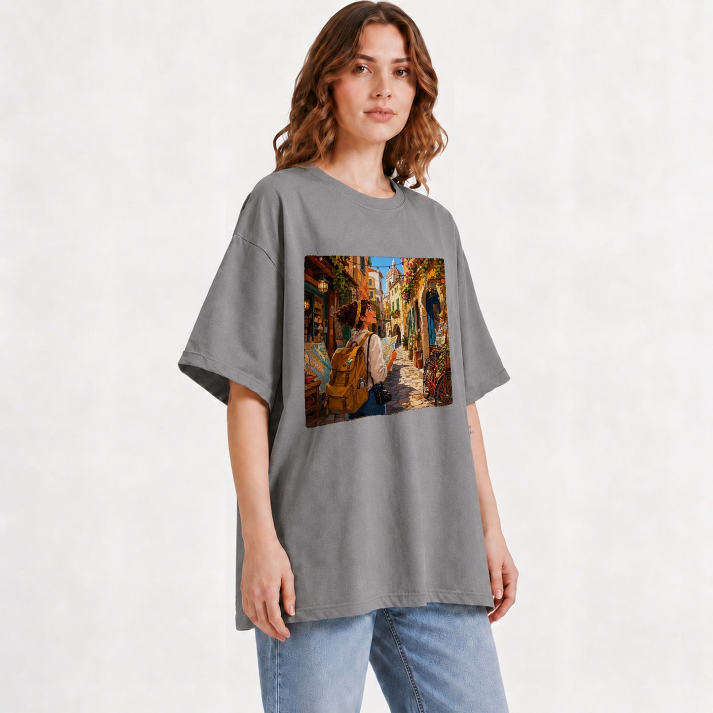 #pl[Gray] City Traveler Graphic T-Shirt, Colorful Old Town Map Adventure