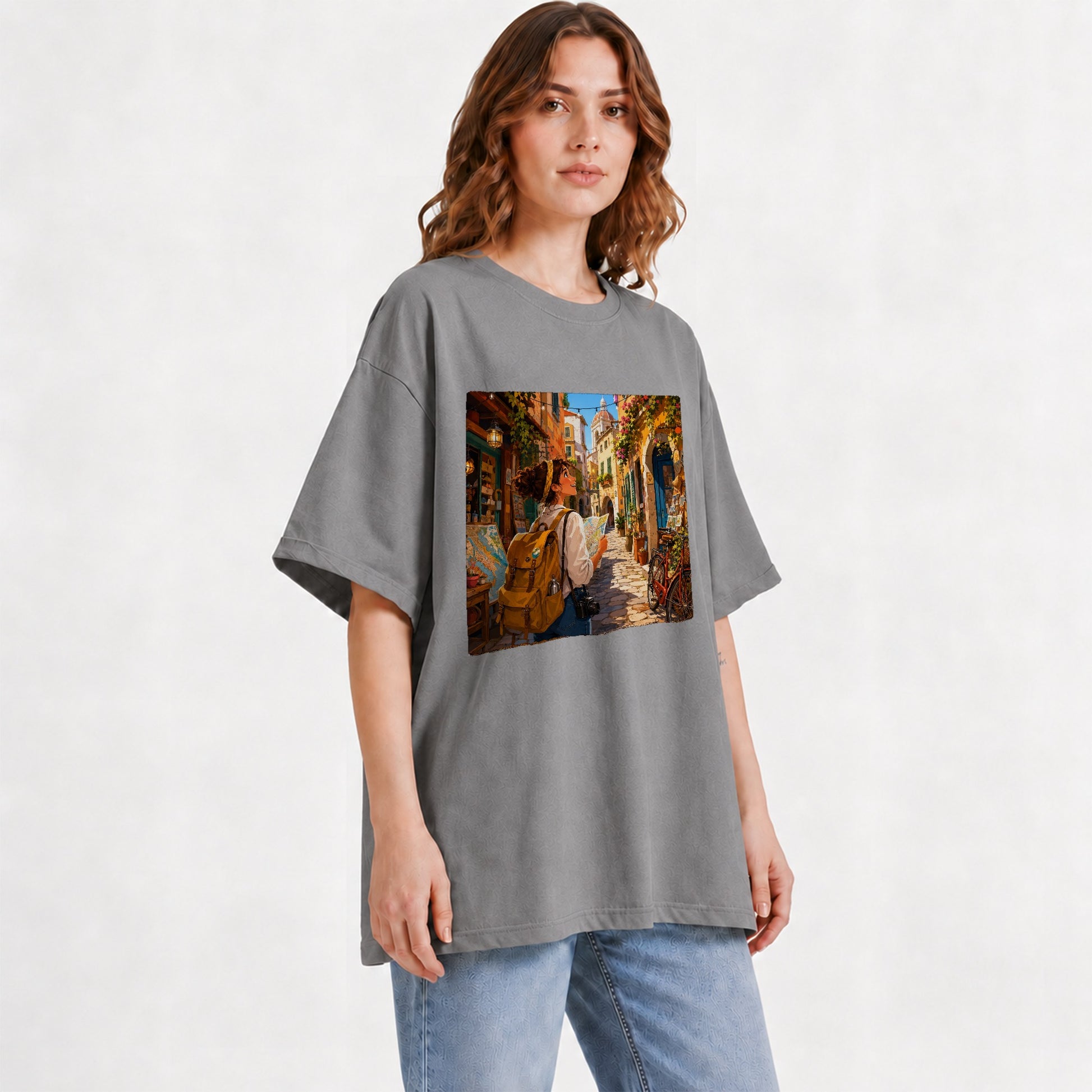 #pl[Gray] City Traveler Graphic T-Shirt, Colorful Old Town Map Adventure