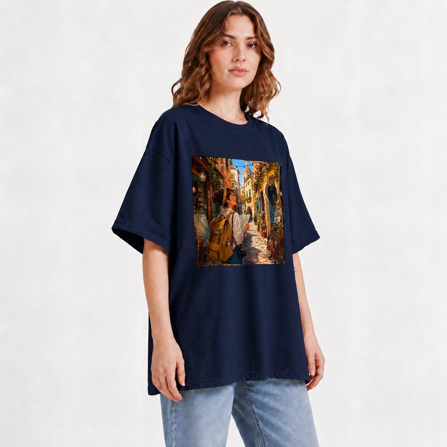 #pl[Navy] City Traveler Graphic T-Shirt, Colorful Old Town Map Adventure