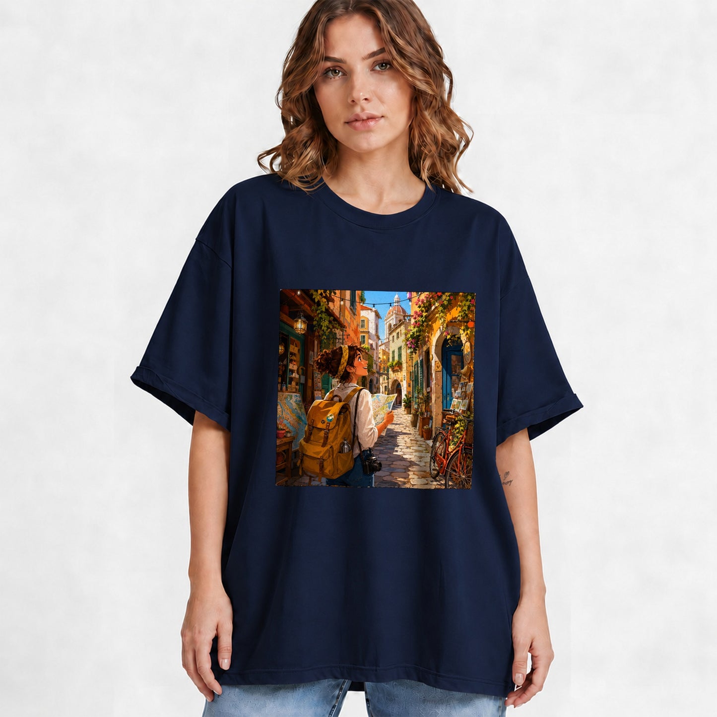 #pl[Navy] City Traveler Graphic T-Shirt, Colorful Old Town Map Adventure