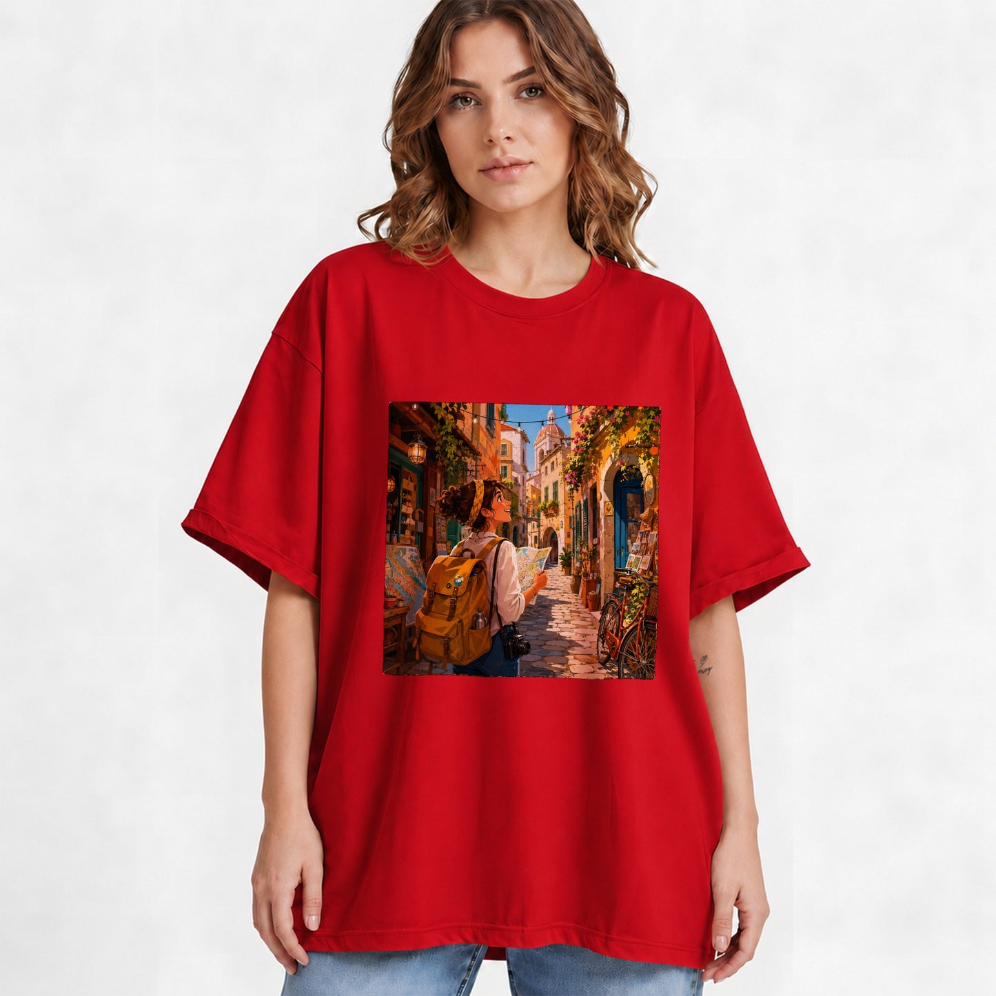 #pl[Red] City Traveler Graphic T-Shirt, Colorful Old Town Map Adventure