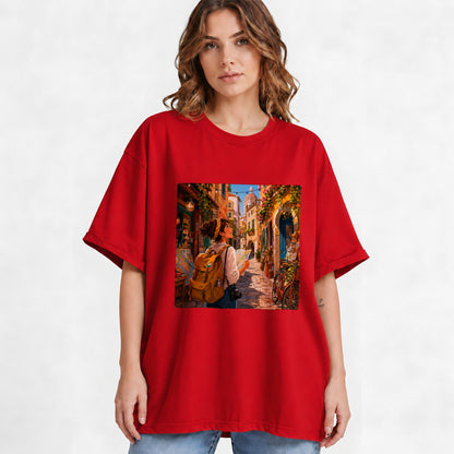 #pl[Red] City Traveler Graphic T-Shirt, Colorful Old Town Map Adventure
