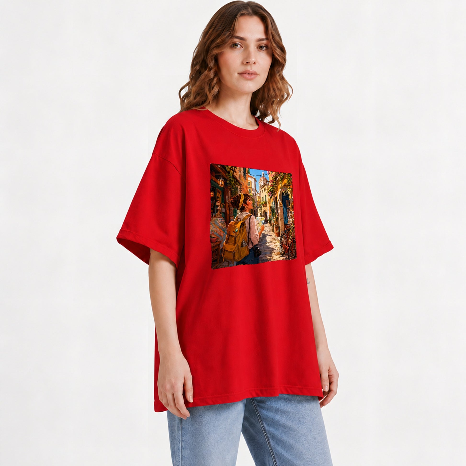 #pl[Red] City Traveler Graphic T-Shirt, Colorful Old Town Map Adventure