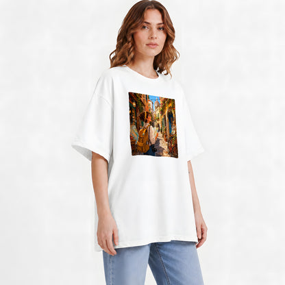 #pl[White] City Traveler Graphic T-Shirt, Colorful Old Town Map Adventure
