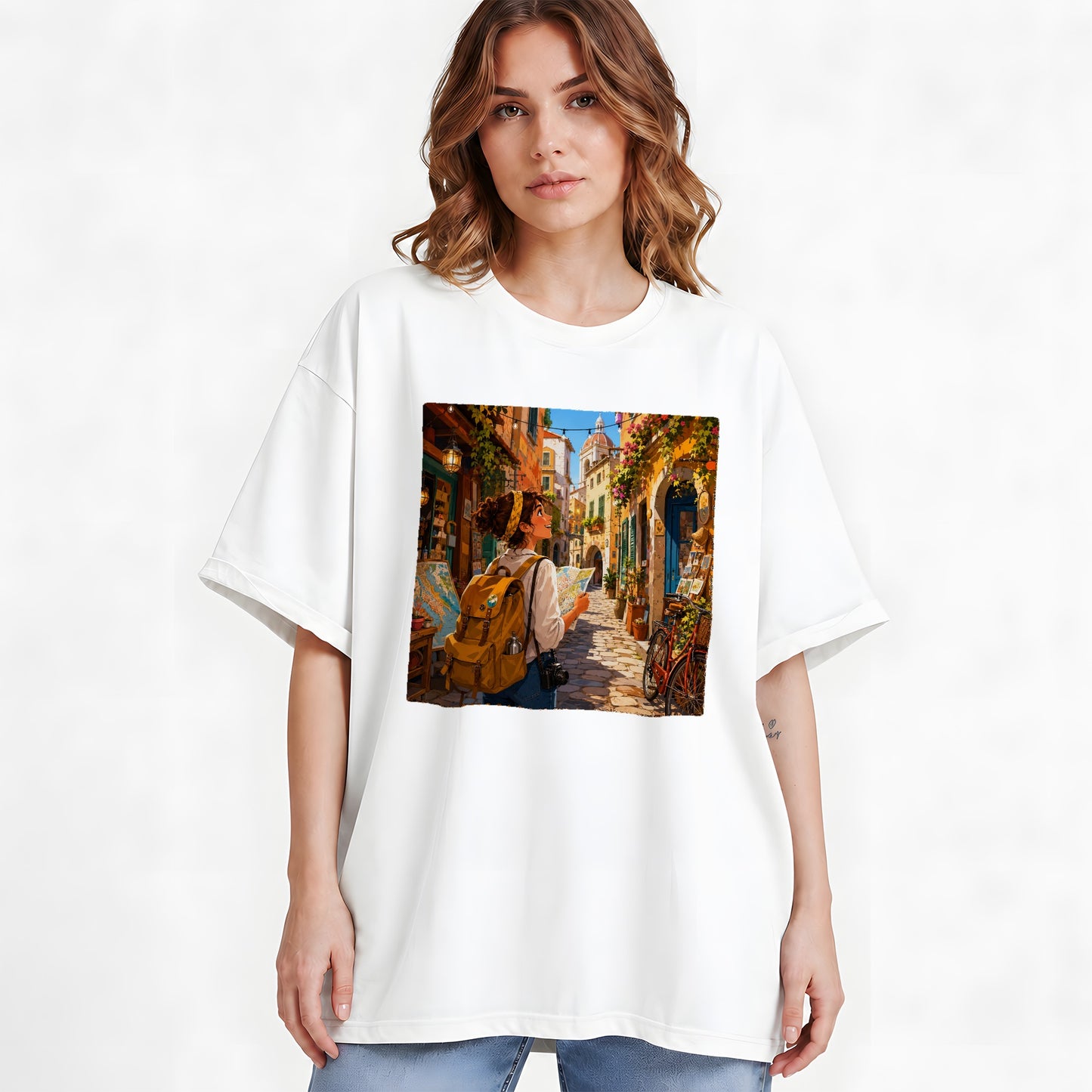 #pl[White] City Traveler Graphic T-Shirt, Colorful Old Town Map Adventure
