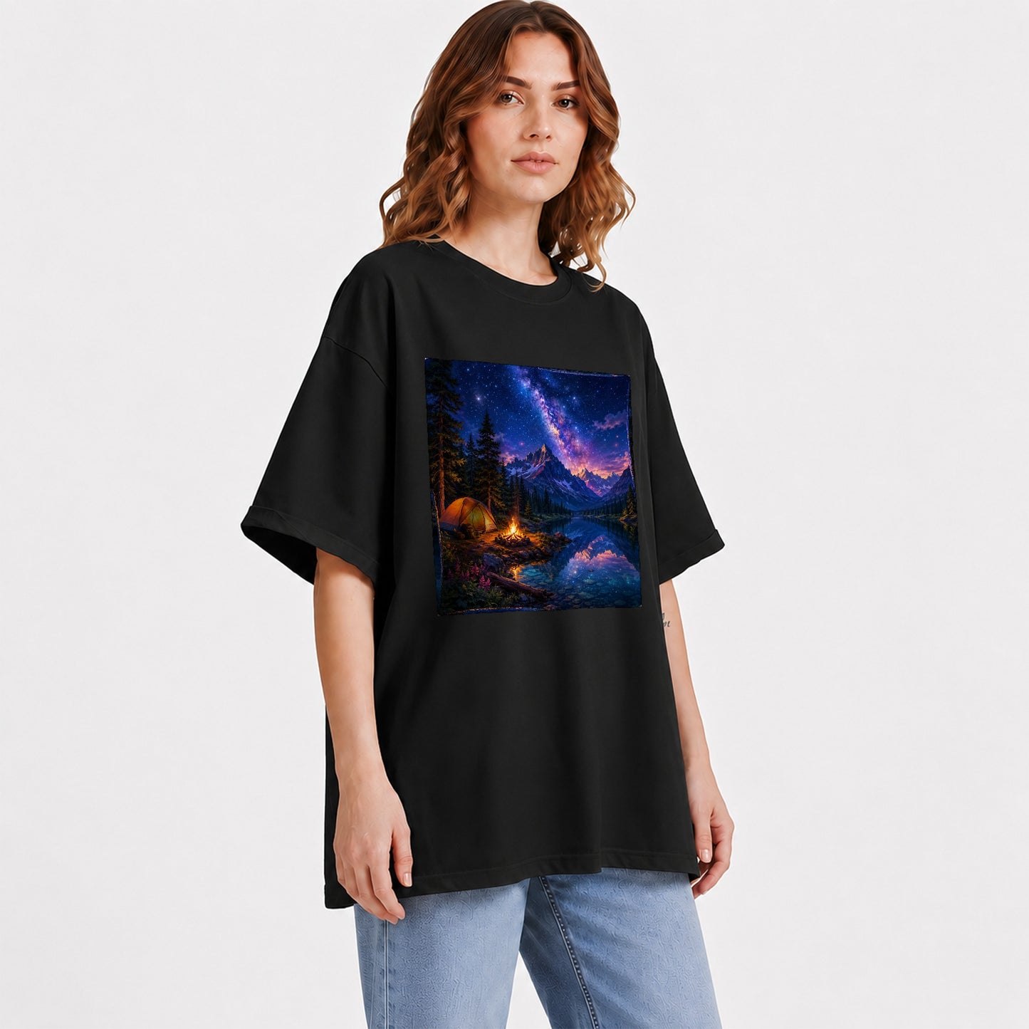 #pl[Black] Milky Way Camping Graphic T-Shirt, Mountain Lake Campfire Night