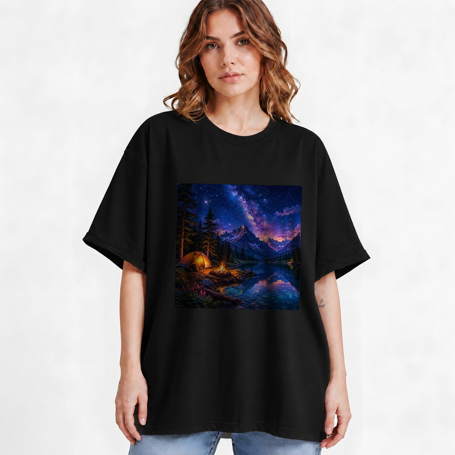 #pl[Black] Milky Way Camping Graphic T-Shirt, Mountain Lake Campfire Night