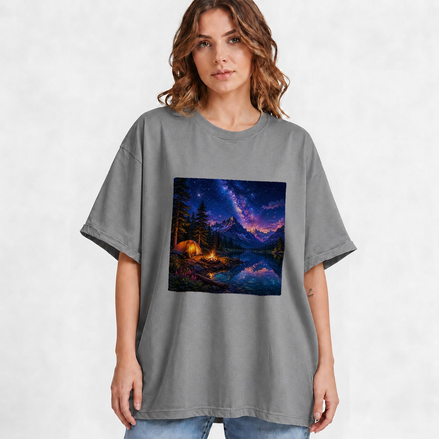 #pl[Gray] Milky Way Camping Graphic T-Shirt, Mountain Lake Campfire Night