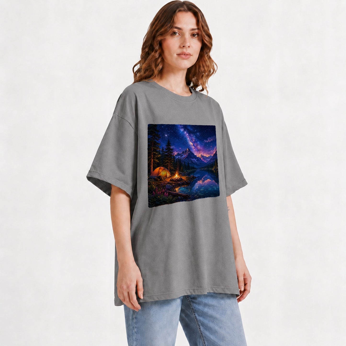 #pl[Gray] Milky Way Camping Graphic T-Shirt, Mountain Lake Campfire Night