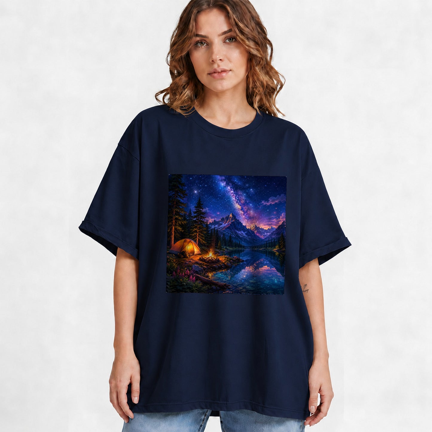 #pl[Navy] Milky Way Camping Graphic T-Shirt, Mountain Lake Campfire Night