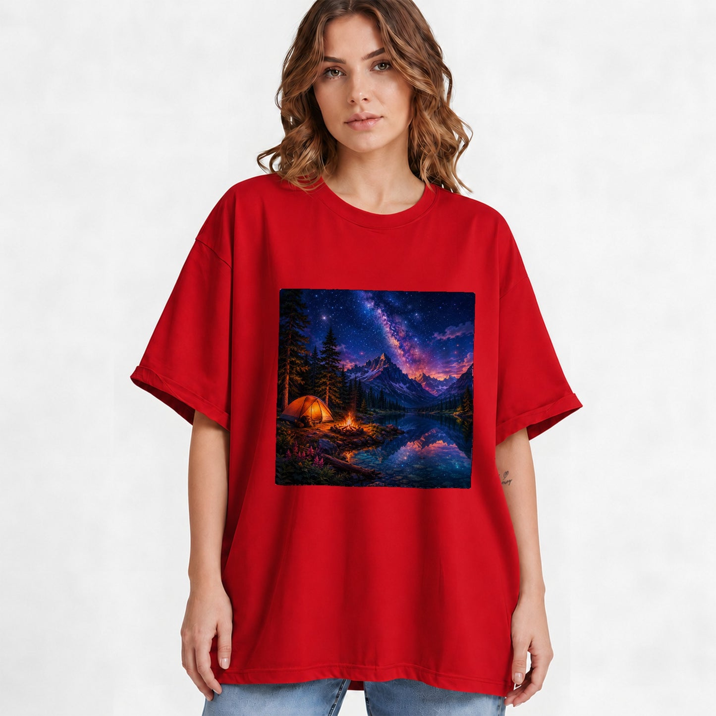 #pl[Red] Milky Way Camping Graphic T-Shirt, Mountain Lake Campfire Night