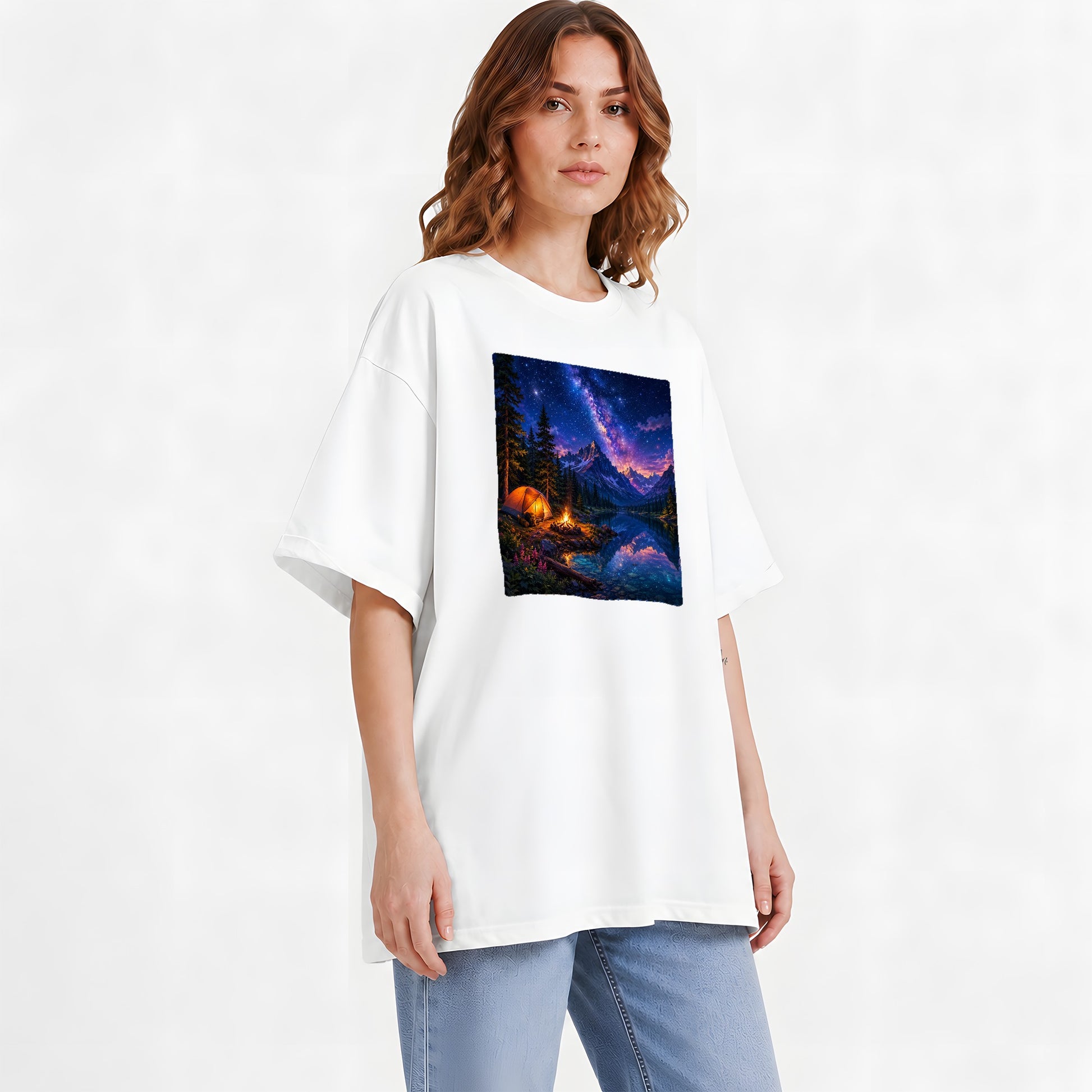 #pl[White] Milky Way Camping Graphic T-Shirt, Mountain Lake Campfire Night