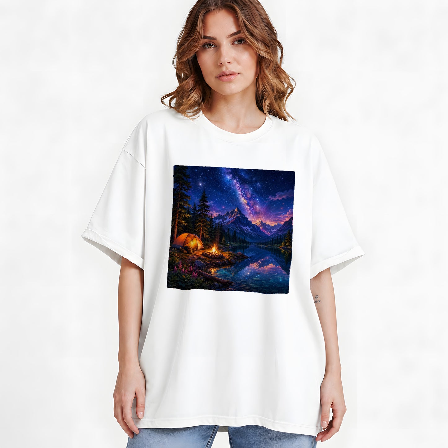 #pl[White] Milky Way Camping Graphic T-Shirt, Mountain Lake Campfire Night