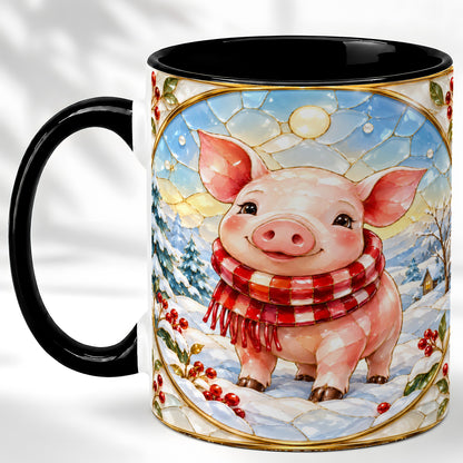 #pl[11oz|Black] Winter Pig Coffee Mug, Stained Glass Pig Mug, Ceramic Cup