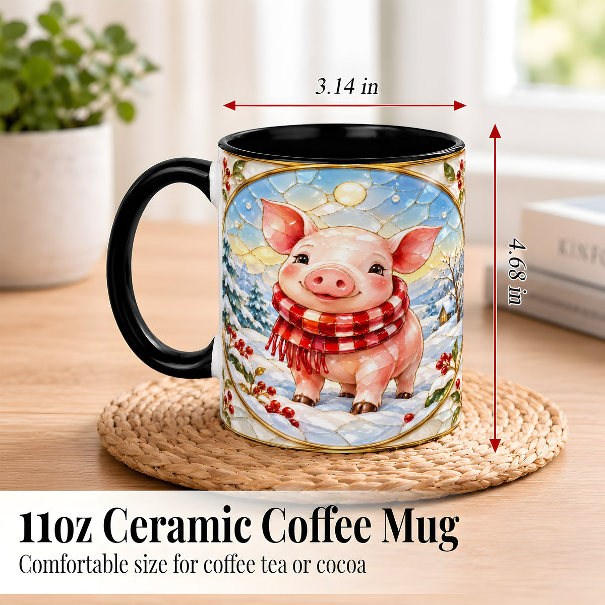 #pl[11oz|Black] Winter Pig Coffee Mug, Stained Glass Pig Mug, Ceramic Cup