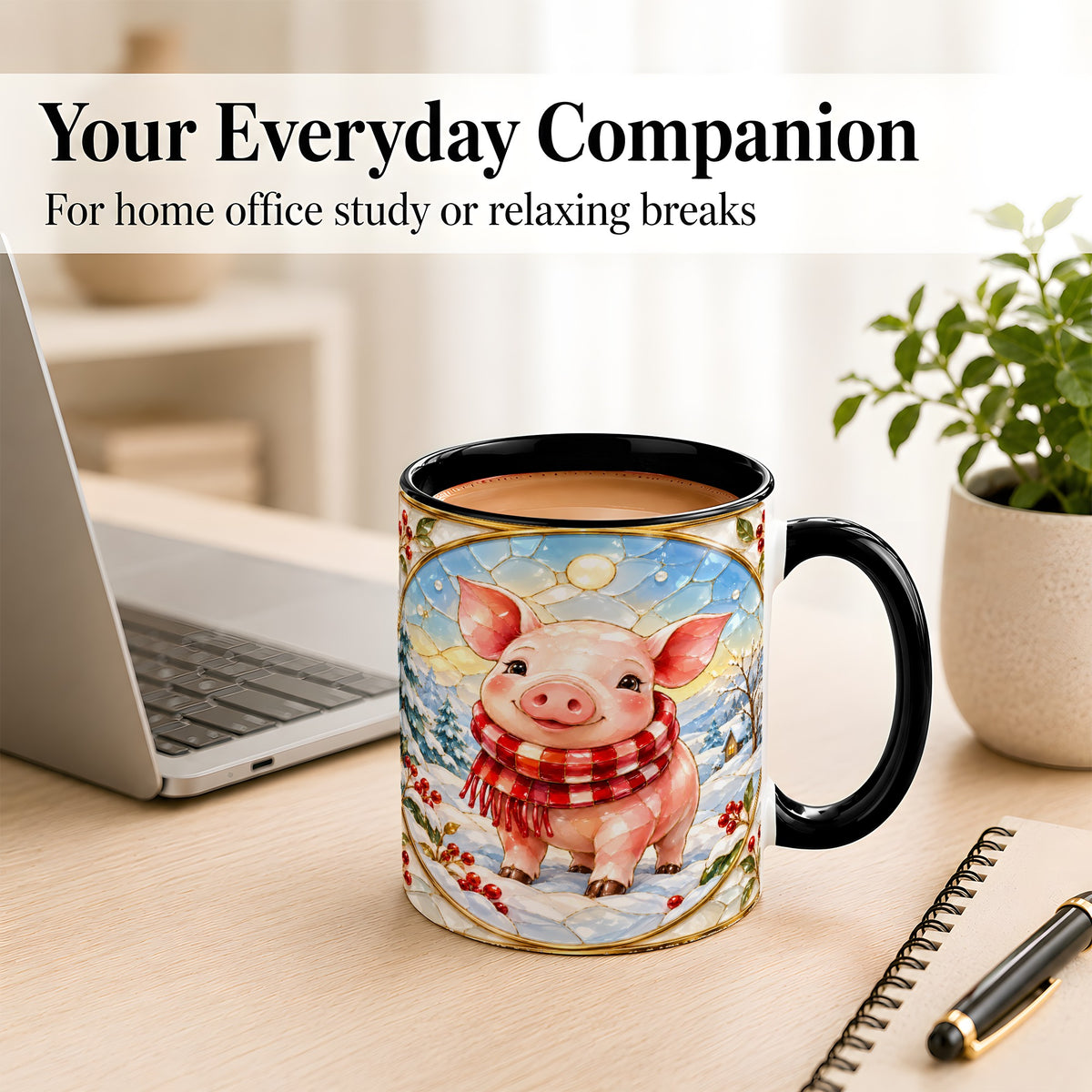 #pl[11oz|Black] Winter Pig Coffee Mug, Stained Glass Pig Mug, Ceramic Cup