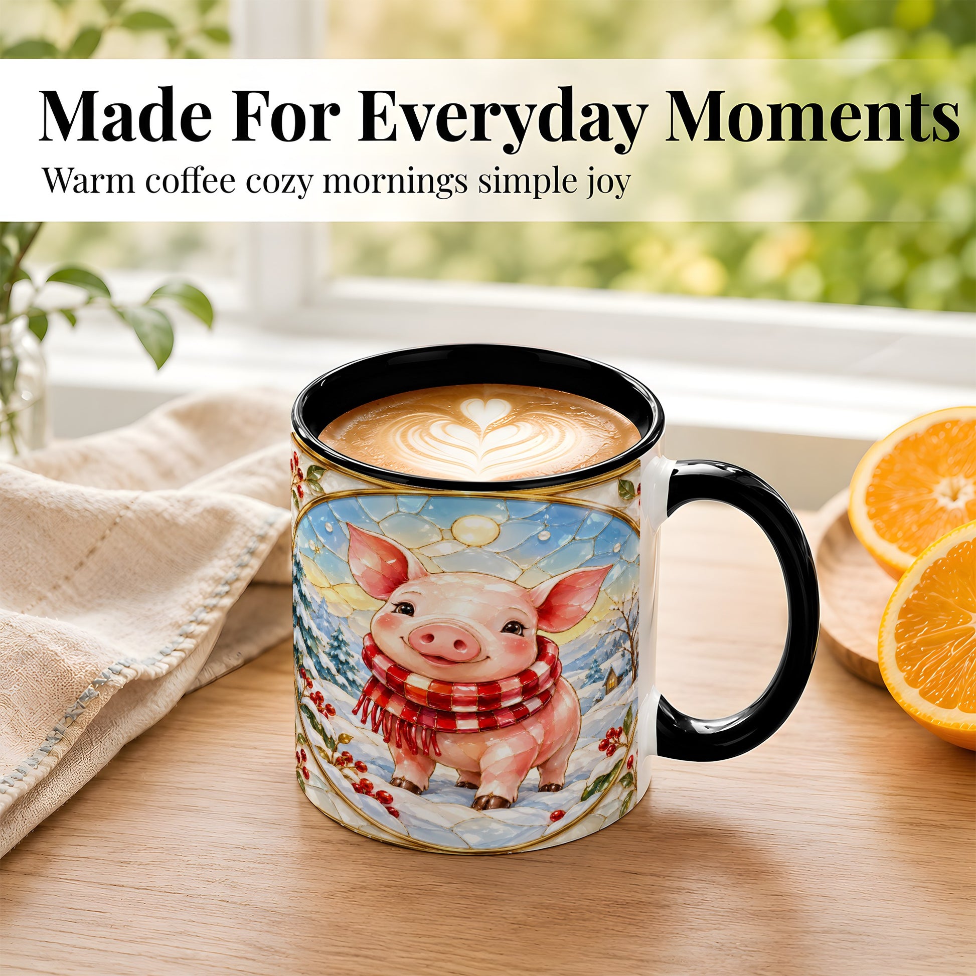 #pl[11oz|Black] Winter Pig Coffee Mug, Stained Glass Pig Mug, Ceramic Cup