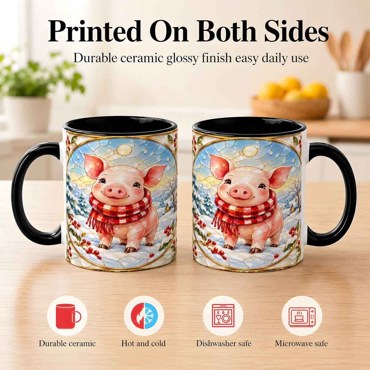 #pl[11oz|Black] Winter Pig Coffee Mug, Stained Glass Pig Mug, Ceramic Cup