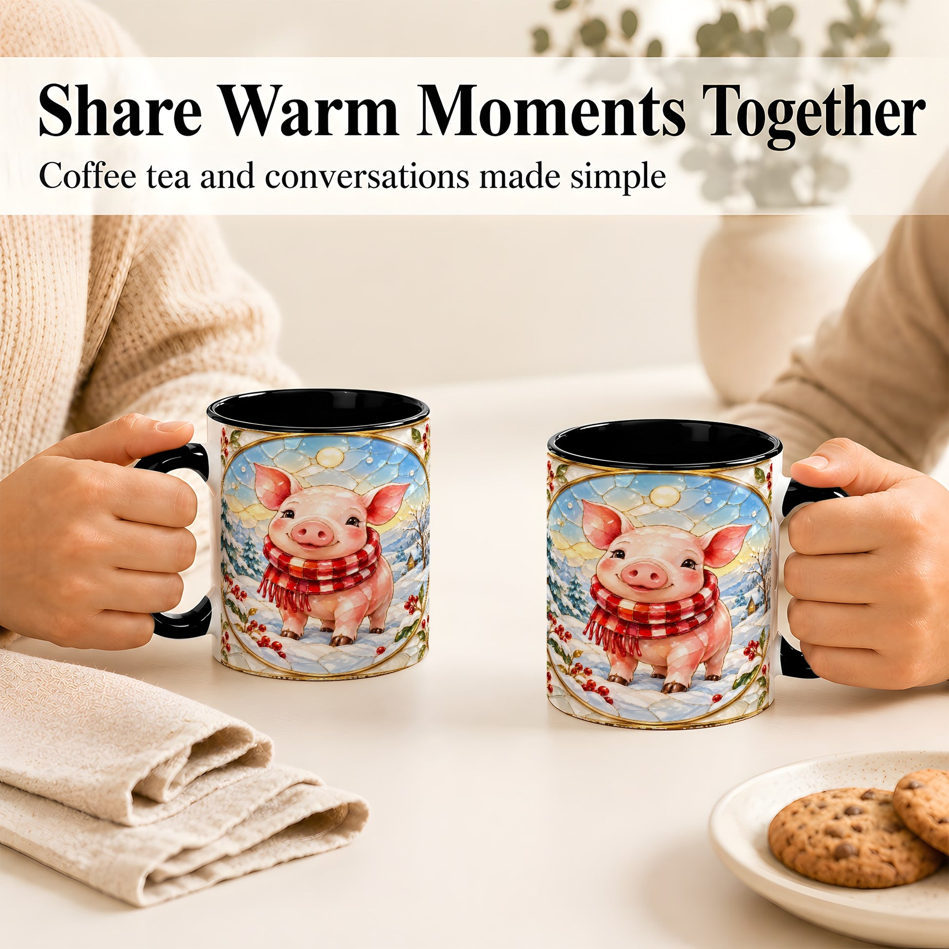 #pl[11oz|Black] Winter Pig Coffee Mug, Stained Glass Pig Mug, Ceramic Cup
